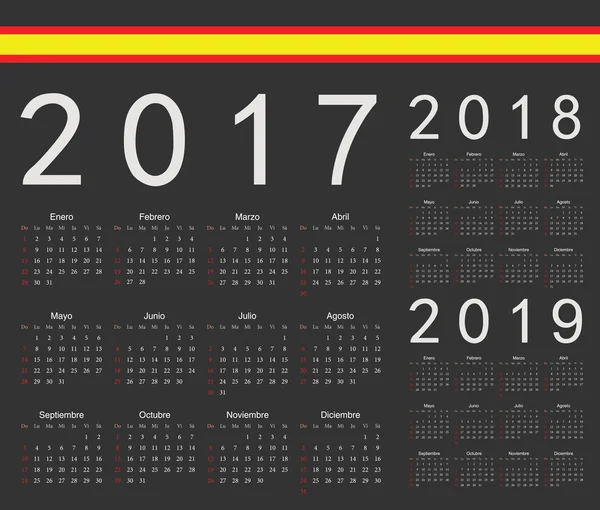 Conjunto de calendários vetoriais preto 2017, 2018, 2019 ano — Vetor de Stock