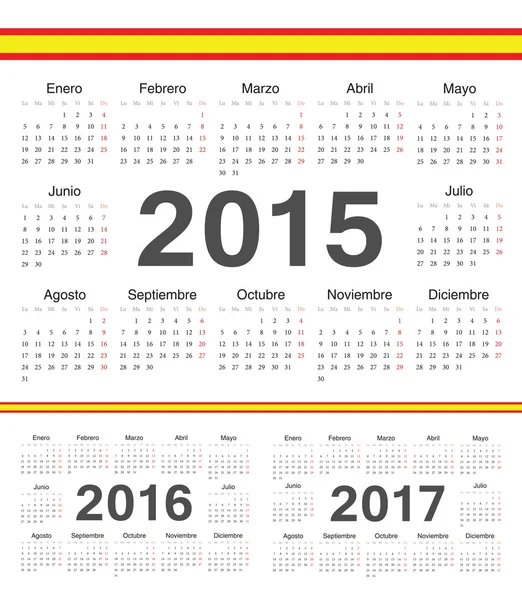 Calendario vectorial círculo español 2015, 2016, 2017 — Vector de stock