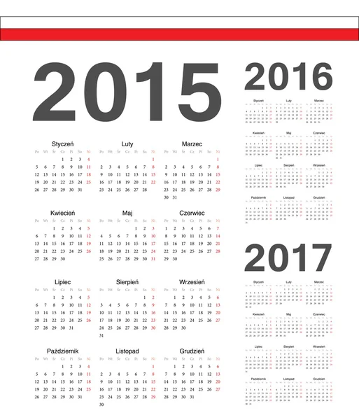 Set di calendari vettoriali anno polacco 2015, 2016, 2017 — Vettoriale Stock