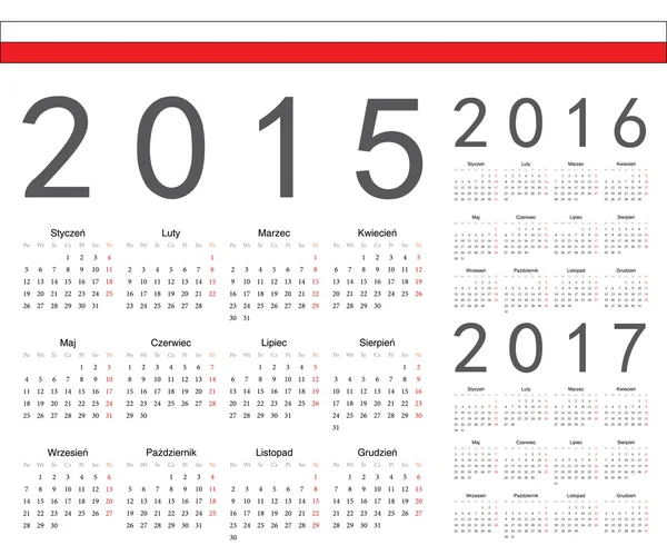 Conjunto de calendários vetoriais poloneses 2015, 2016, 2017 ano — Vetor de Stock