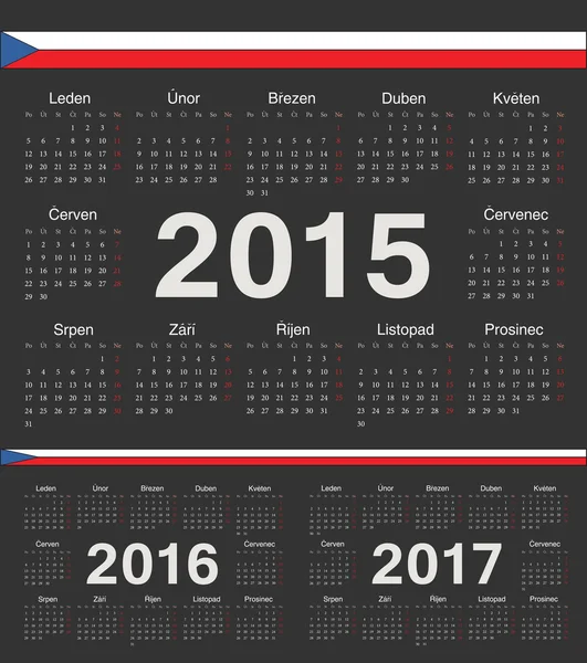 Calendrier vectoriel cercle tchèque noir 2015, 2016, 2017 — Image vectorielle