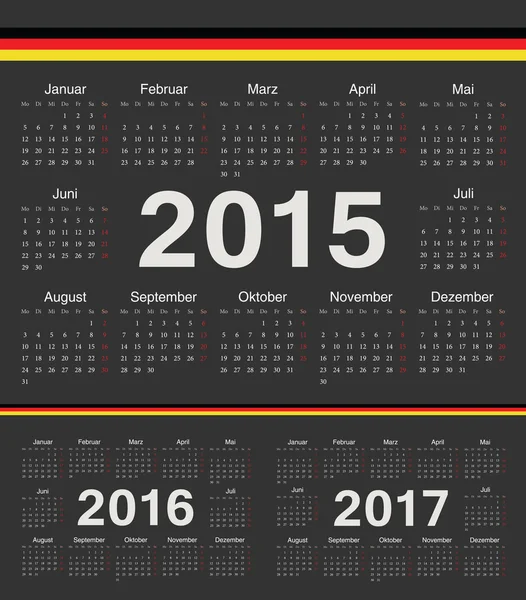 Calendrier vectoriel cercle noir allemand 2015, 2016, 2017 — Image vectorielle