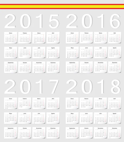 Set of Spanish 2015, 2016, 2017, 2018 kalender - Stok Vektor