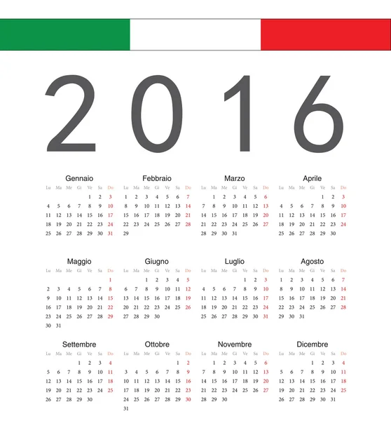 Einfacher italienischer Jahresvektorkalender 2016 — Stockvektor