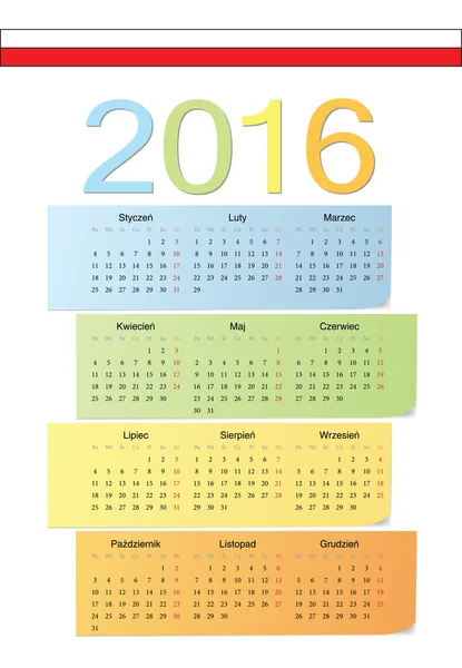 Calendrier couleur vectoriel polonais 2016 . — Image vectorielle