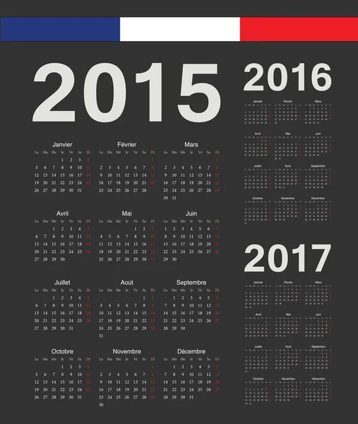 Zestaw czarny francuski 2015, 2016, 2017 roku wektor kalendarze — Wektor stockowy