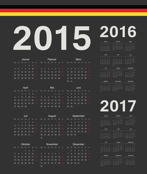 Schwarze deutsche Jahresvektorkalender 2015, 2016, 2017 — Stockvektor