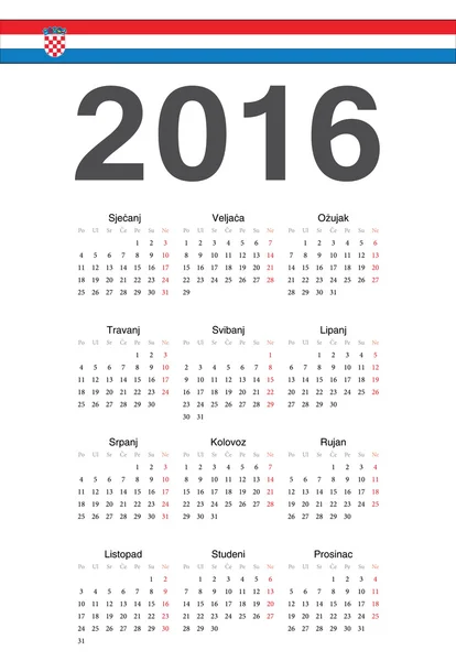 クロアチア語 2016 年ベクトル カレンダー — ストックベクタ