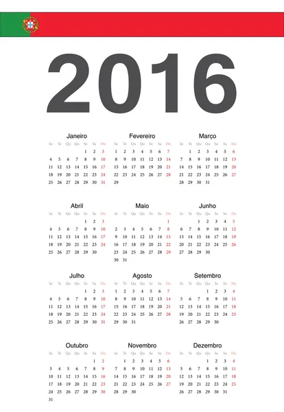 Portoghese 2016 anno vettoriale calendario — Vettoriale Stock