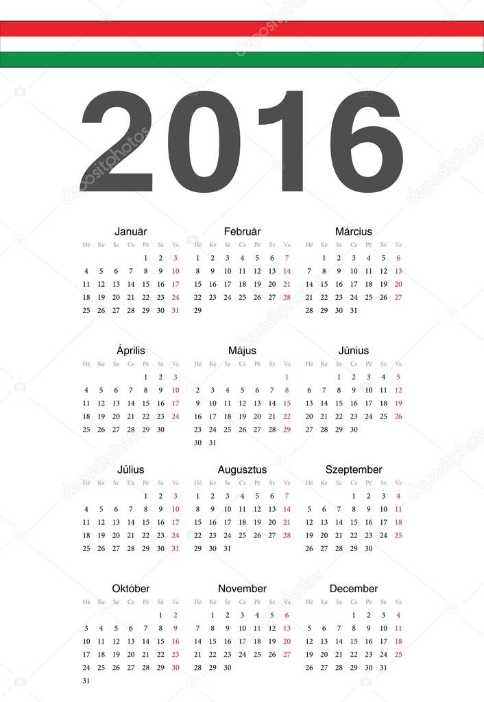 Hungarian 2016 year vector calendar