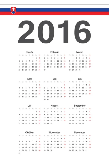斯洛伐克 2016 年矢量日历 — 图库矢量图片