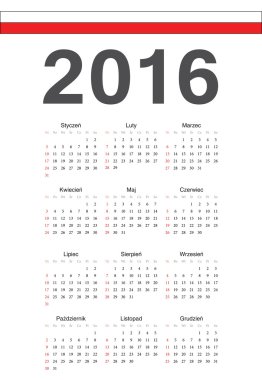 Lehçe 2016 yılı vektör takvimi