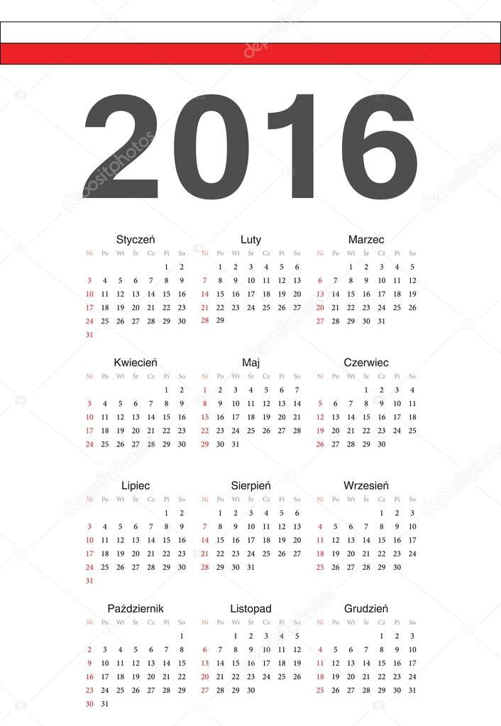 Polish 2016 year vector calendar