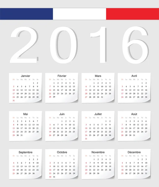 Calendrier 2016 français — Image vectorielle