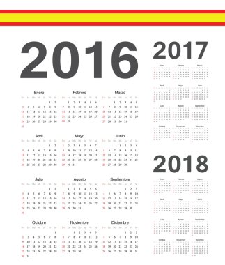 İspanyolca 2016, 2017,2018 yıl vektör takvimler kümesi