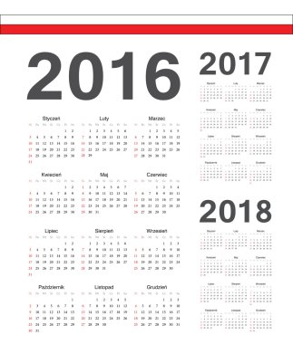 Dizi Lehçe 2016, 2017, 2018 yıl vektör takvimler