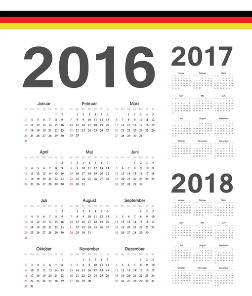 Ensemble de calendriers vectoriels de l'année 2016, 2017, 2018 — Image vectorielle