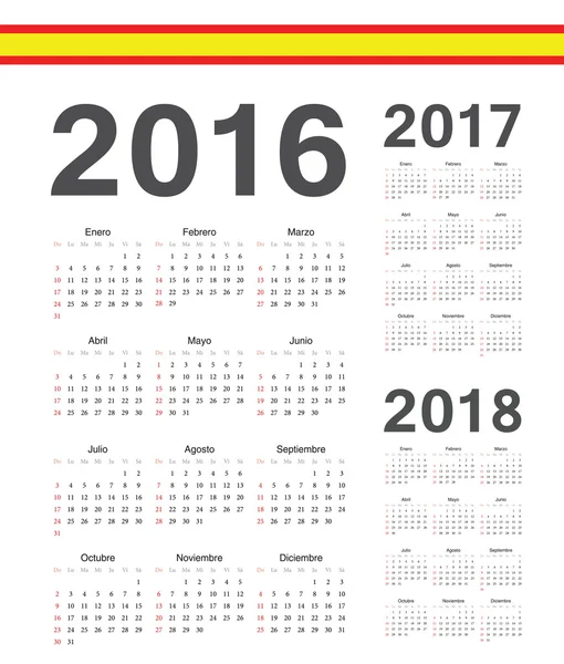 Set di calendari vettoriali anno spagnolo 2016, 2017,2018 — Vettoriale Stock