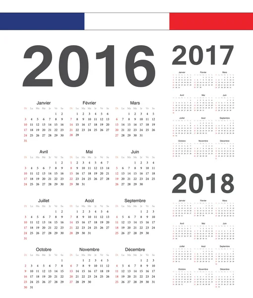 Conjunto de calendarios vectoriales franceses 2016, 2017, 2018 años — Archivo Imágenes Vectoriales