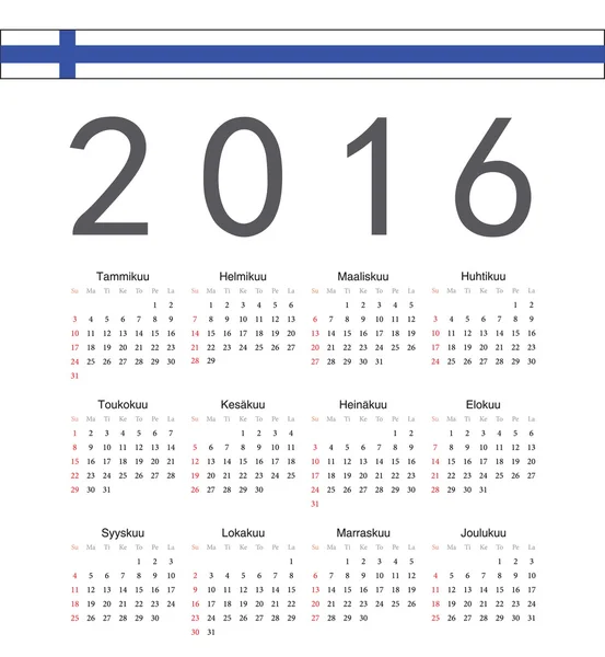 Quadrato finlandese 2016 anno vettoriale calendario — Vettoriale Stock