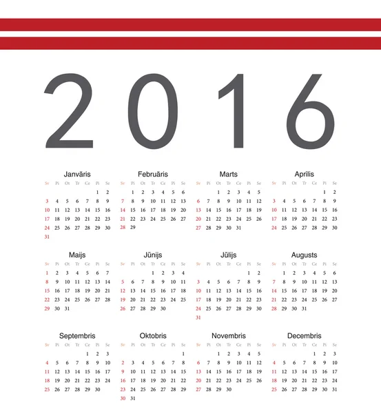 Векторный календарь Латвии 2016 года — стоковый вектор