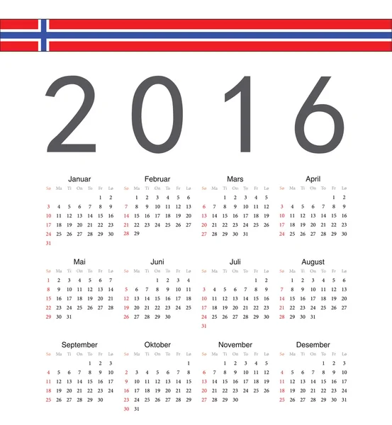 Kwadrat norweski 2016 roku wektor kalendarz — Wektor stockowy