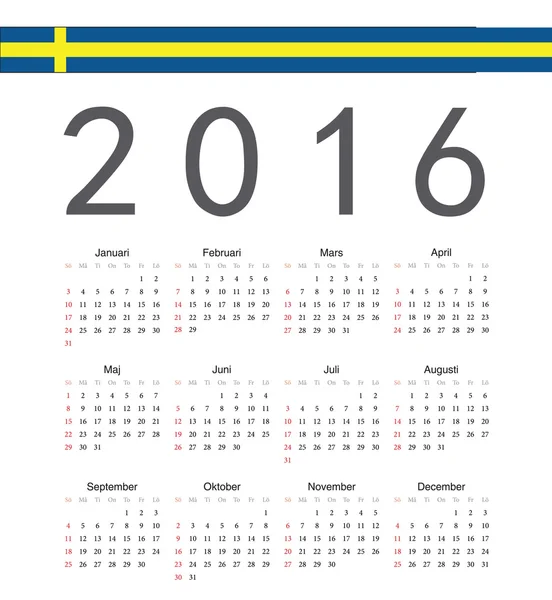 Kare İsveççe 2016 yılı vektör takvimi — Stok Vektör