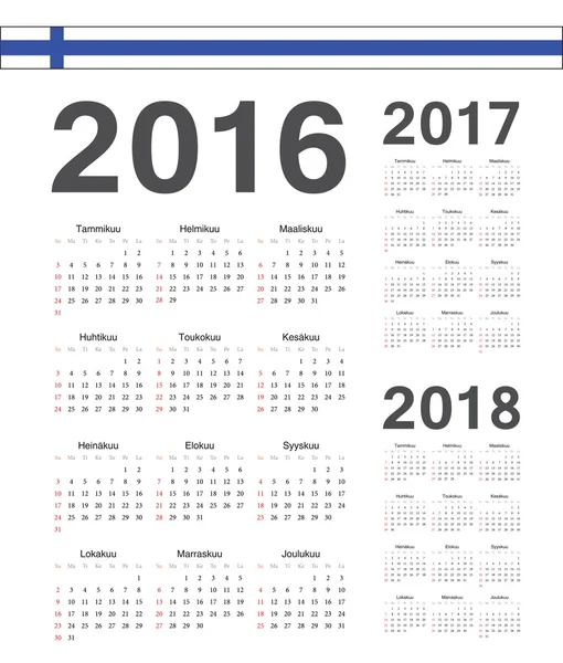 Набор векторных календарей финского языка 2016, 2017, 2018 годов — стоковый вектор