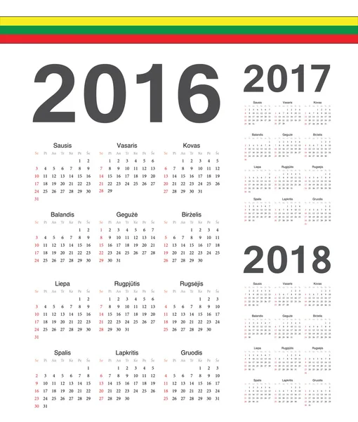 Set de calendarios vectoriales lituanos 2016, 2017, 2018 — Vector de stock