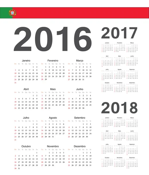 组的葡萄牙语到 2016 年，到 2017 年，2018 年矢量日历 — 图库矢量图片