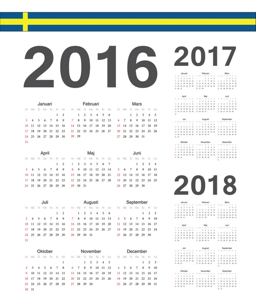 Conjunto de calendários vetoriais suecos 2016, 2017, 2018 ano — Vetor de Stock