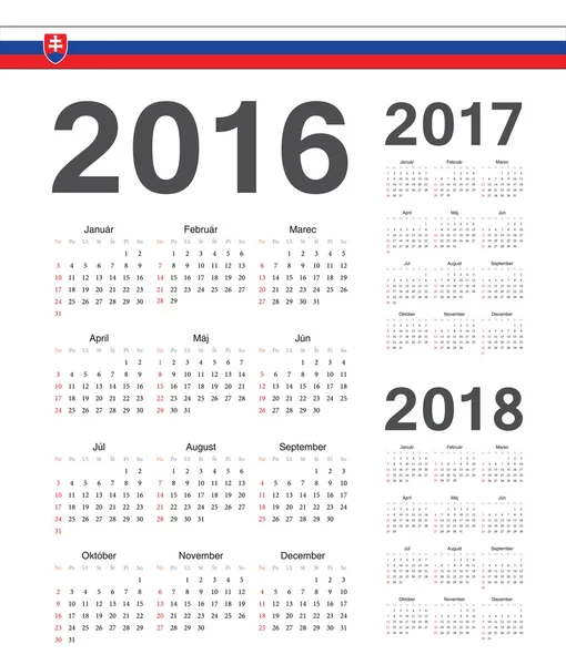 Zbiór słowacki 2016, 2017, 2018 roku wektor kalendarze — Wektor stockowy