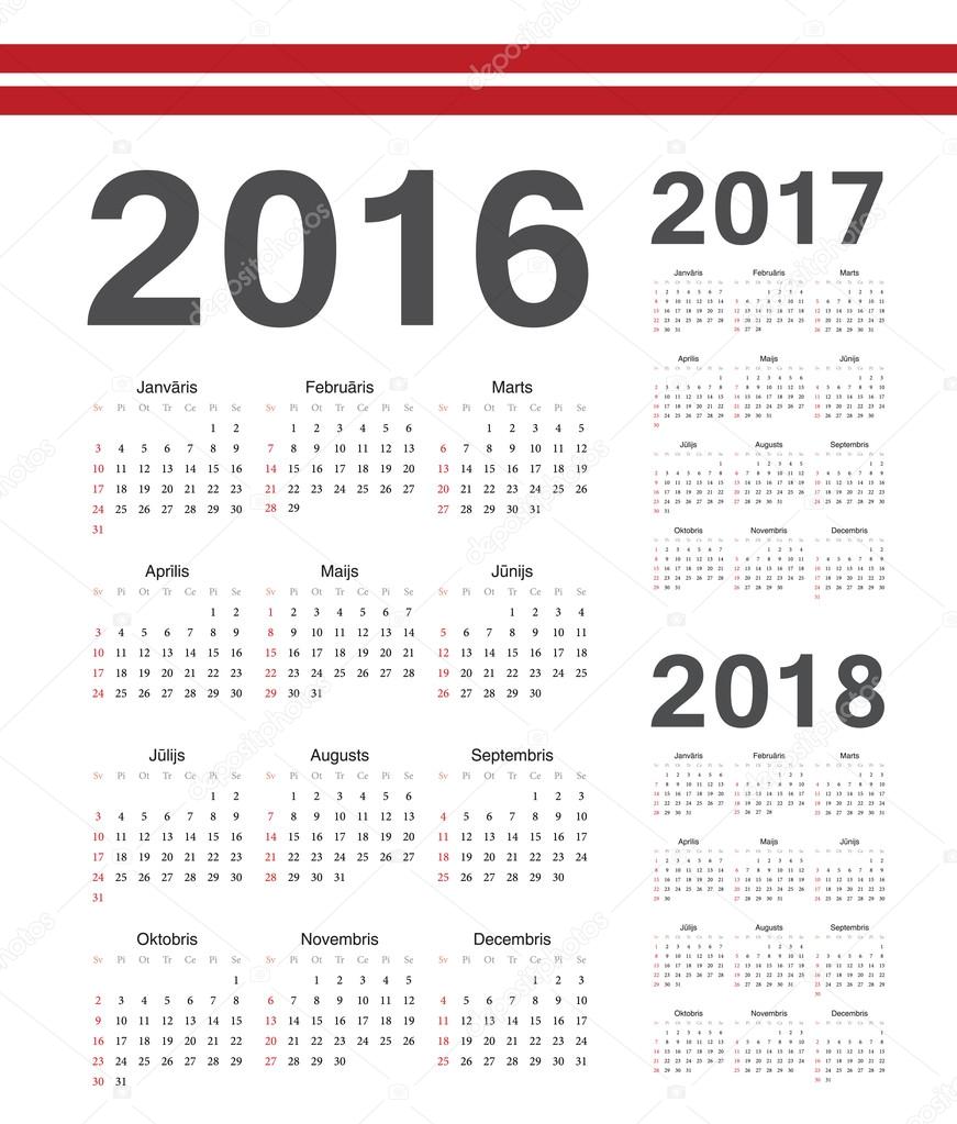 Set of Latvian 2016, 2017, 2018 year vector calendars