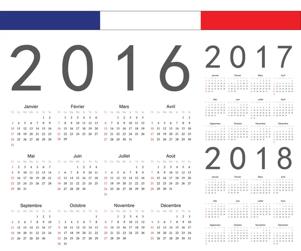 Conjunto de calendarios vectoriales franceses 2016, 2017, 2018 años — Vector de stock