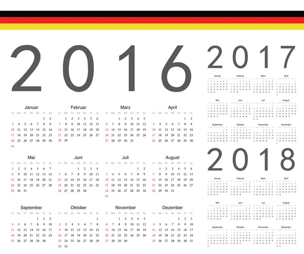 Zestaw niemiecki 2016, 2017, 2018 roku wektor kalendarze — Wektor stockowy