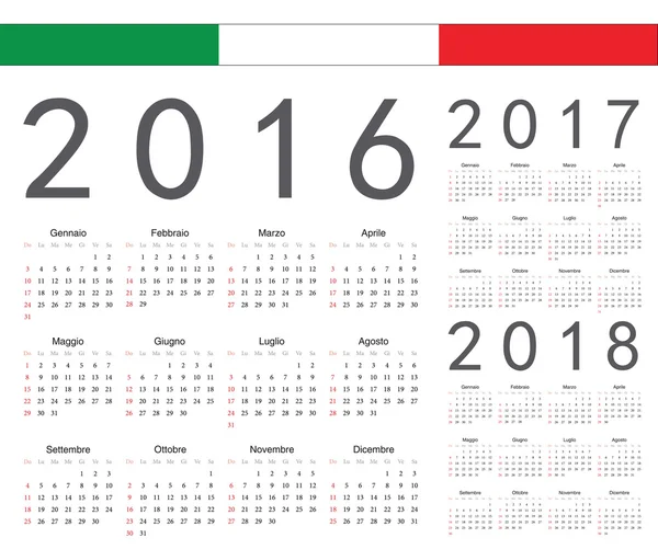 Conjunto de calendários vetoriais italianos 2016, 2017, 2018 ano — Vetor de Stock