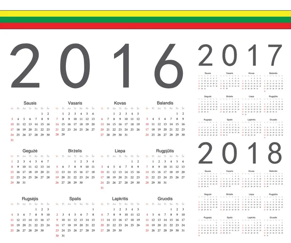 Set de calendarios vectoriales lituanos 2016, 2017, 2018 — Archivo Imágenes Vectoriales