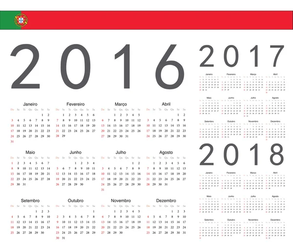 Conjunto de calendários vetor ano 2016, 2017, 2018 português —  Vetores de Stock