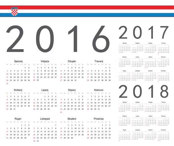 Reihe kroatischer Jahresvektorkalender 2016, 2017, 2018 — Stockvektor