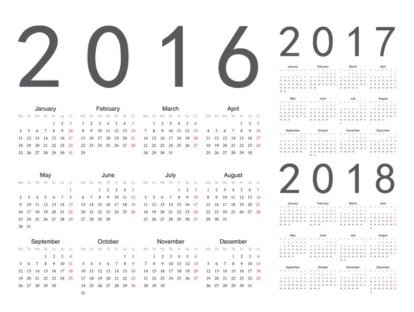 Conjunto de calendarios vectoriales europeos 2016, 2017, 2018 años — Vector de stock