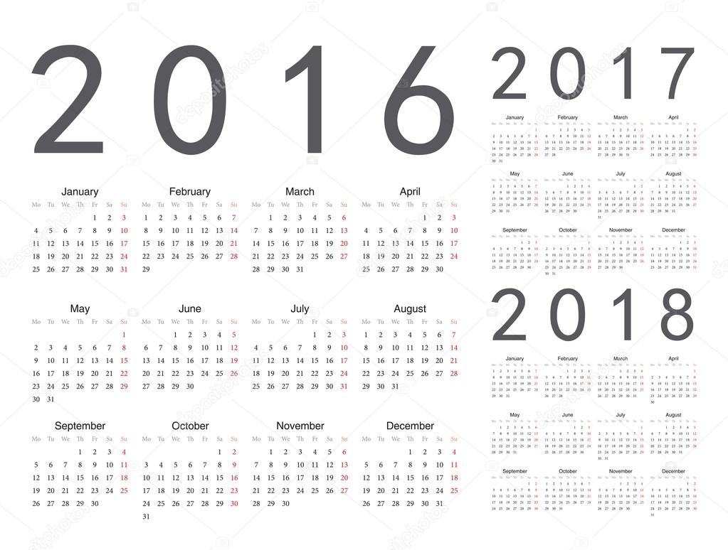 Set of European 2016, 2017, 2018 year vector calendars