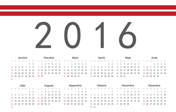 Calendrier vectoriel 2016 année lettone — Image vectorielle