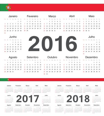 Vektör Portekizce takvimler 2016, 2017, 2018 daire.