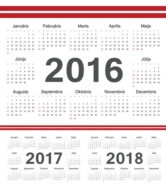 Vector Latvian circle calendars 2016, 2017, 2018 — Stock Vector