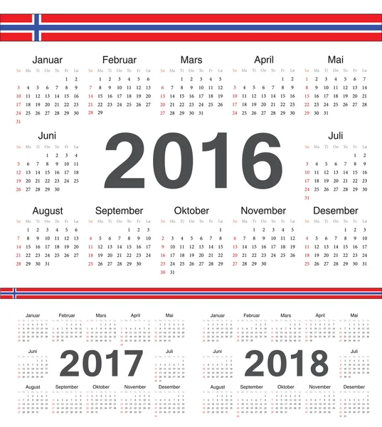 Calendrier vectoriel des cercles norvégiens 2016, 2017, 2018 — Image vectorielle