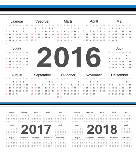 Kalender lingkaran Vektor Estonia 2016, 2017, 2018 - Stok Vektor
