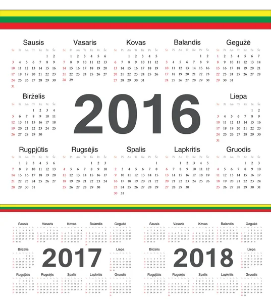 Vector Lithuanian circle calendars 2016, 2017, 2018 — Stock Vector