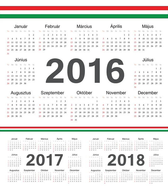 Vector calendarios círculo húngaro 2016, 2017, 2018 — Archivo Imágenes Vectoriales