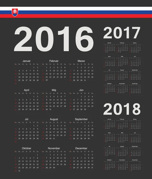 Ensemble de calendriers vectoriels 2016, 2017, 2018 année slovaque noire — Image vectorielle