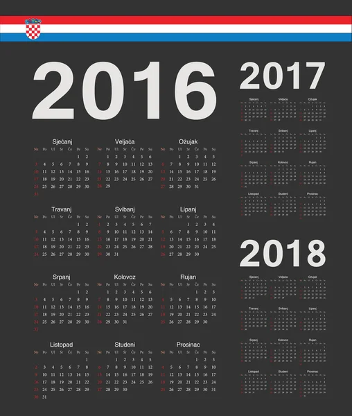 Satz schwarzer kroatischer Jahresvektorkalender 2016, 2017, 2018 — Stockvektor